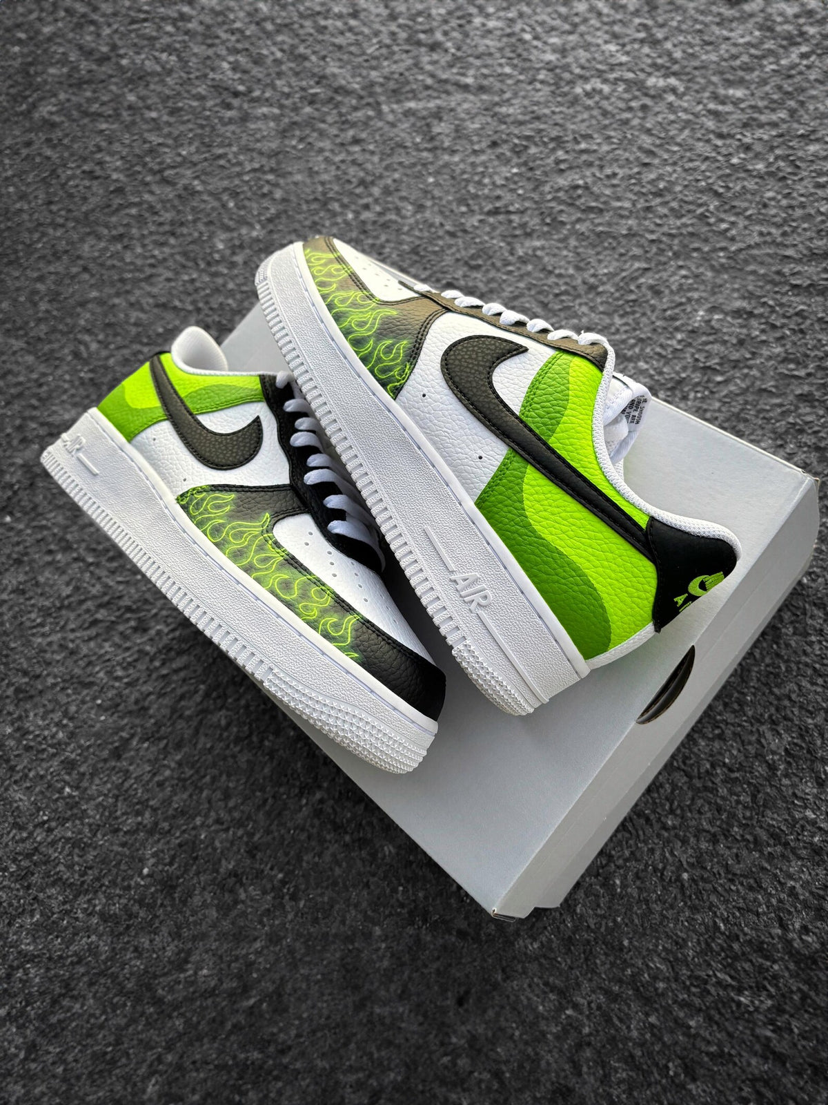 Nike Air Force 1 Black Green Flames - Custom Sneaker with Neon Green Flames - Hand-Painted Shoes - Cartoon Villain Inspired - Green AF1