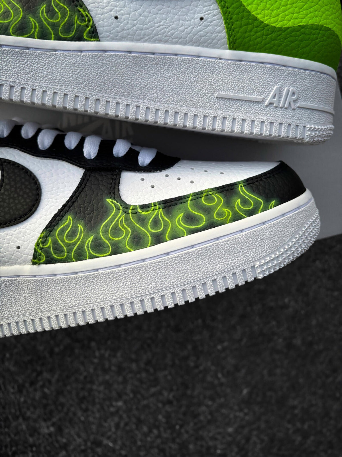 Nike Air Force 1 Black Green Flames - Custom Sneaker with Neon Green Flames - Hand-Painted Shoes - Cartoon Villain Inspired - Green AF1