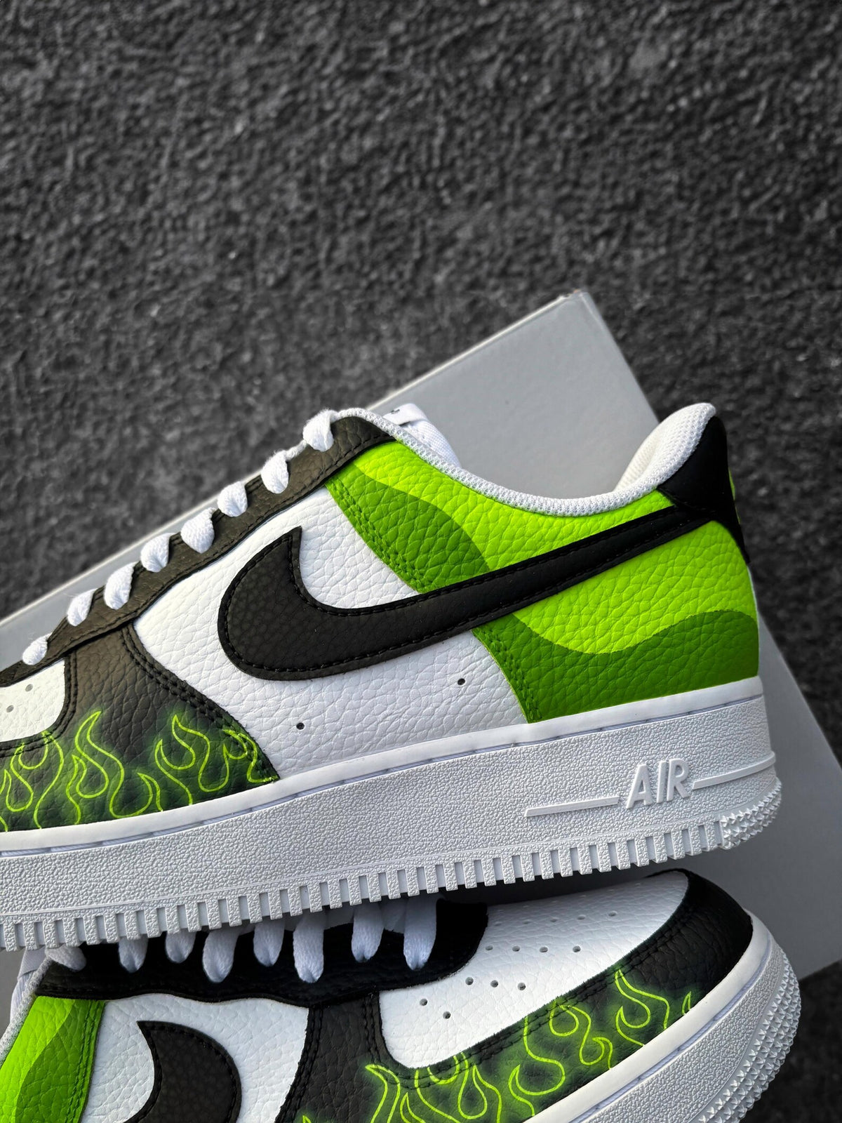 Nike Air Force 1 Black Green Flames - Custom Sneaker with Neon Green Flames - Hand-Painted Shoes - Cartoon Villain Inspired - Green AF1