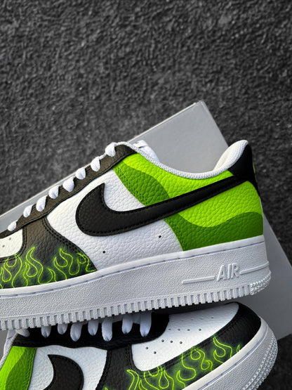 Nike Air Force 1 Black Green Flames - Custom Sneaker with Neon Green Flames - Hand-Painted Shoes - Cartoon Villain Inspired - Green AF1