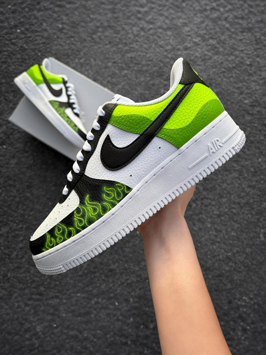 Nike Air Force 1 Black Green Flames - Custom Sneaker with Neon Green Flames - Hand-Painted Shoes - Cartoon Villain Inspired - Green AF1