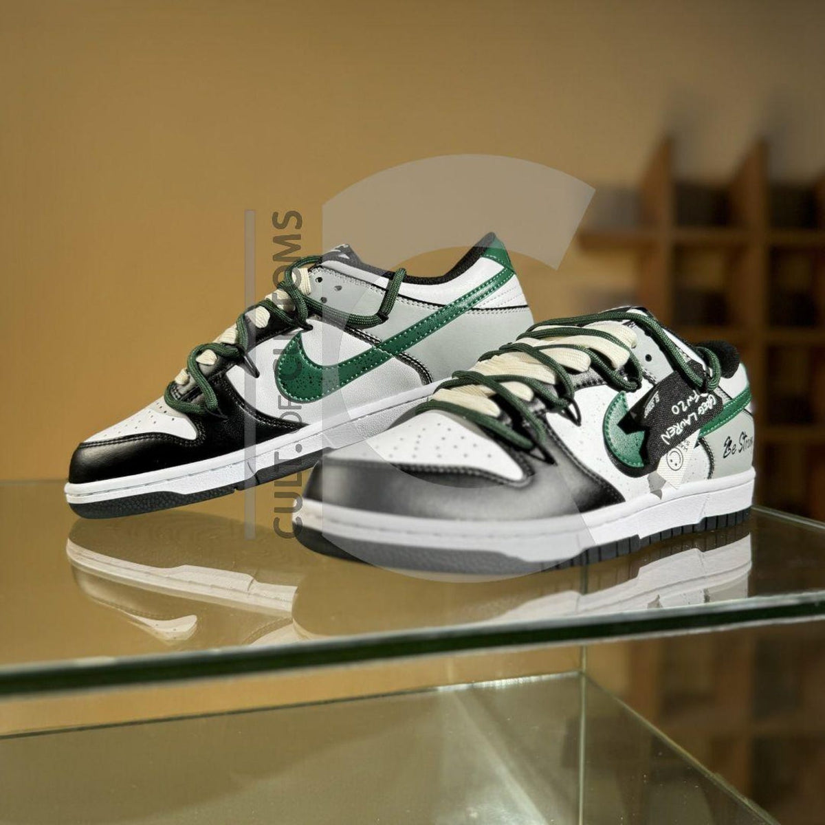 Custom Dunk low Black and Green Handpainted Be Strong message with custom extra rope laces for streetwear lovers