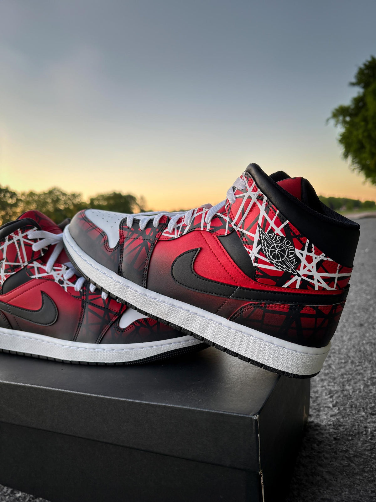 Custom Nike Air Jordan 1 Mid Red Black White - Hand Painted Sneaker with Line Pattern - Custom Jordan - Airbrush Streetwear Style AJ1