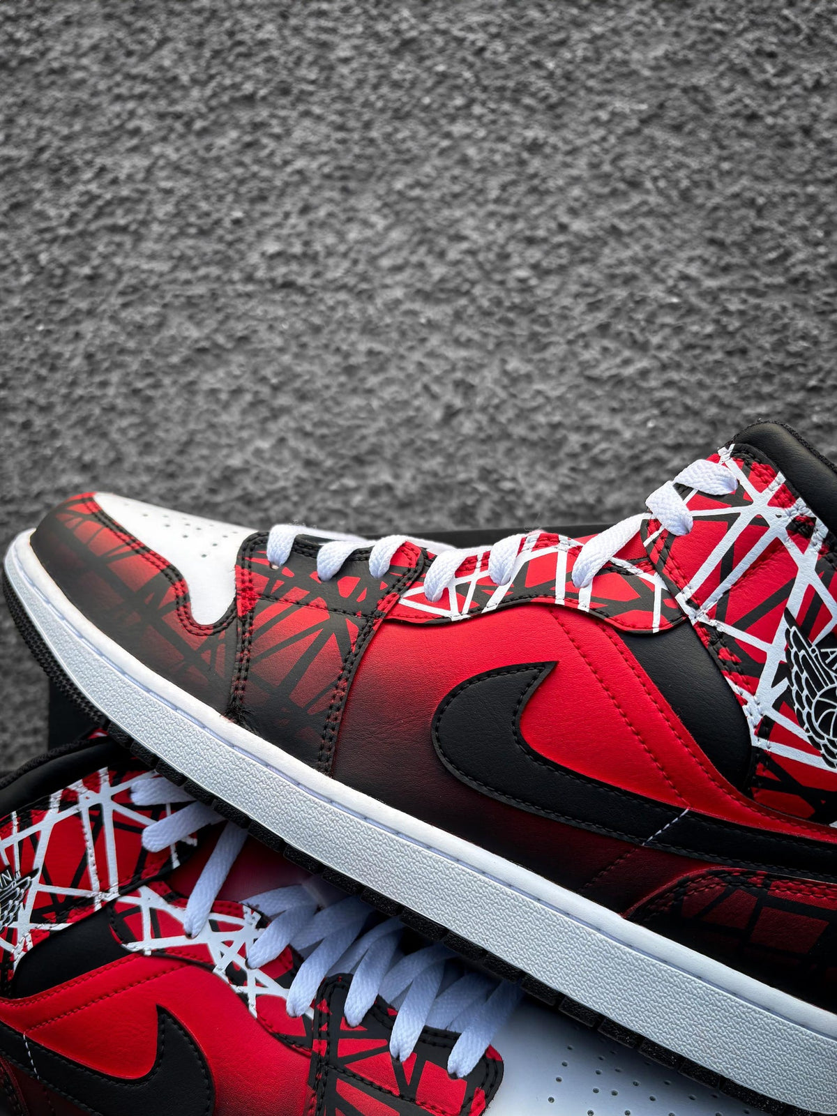 Custom Nike Air Jordan 1 Mid Red Black White - Hand Painted Sneaker with Line Pattern - Custom Jordan - Airbrush Streetwear Style AJ1