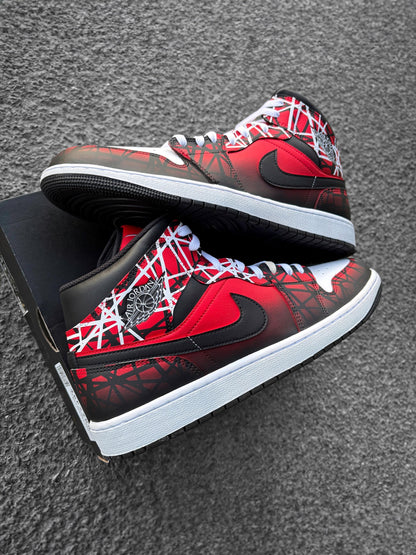 Custom Nike Air Jordan 1 Mid Red Black White - Hand Painted Sneaker with Line Pattern - Custom Jordan - Airbrush Streetwear Style AJ1