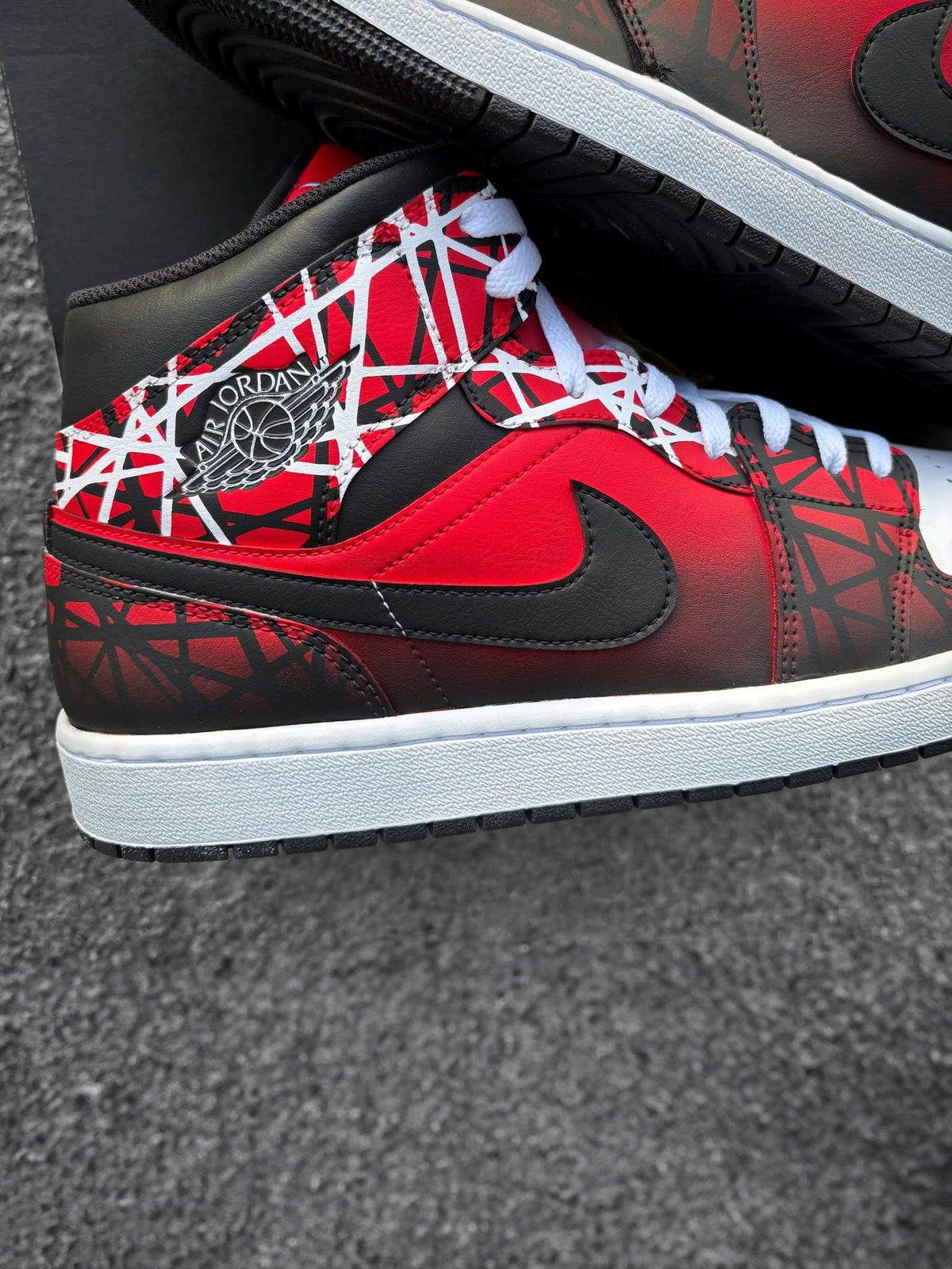 Custom Nike Air Jordan 1 Mid Red Black White - Hand Painted Sneaker with Line Pattern - Custom Jordan - Airbrush Streetwear Style AJ1