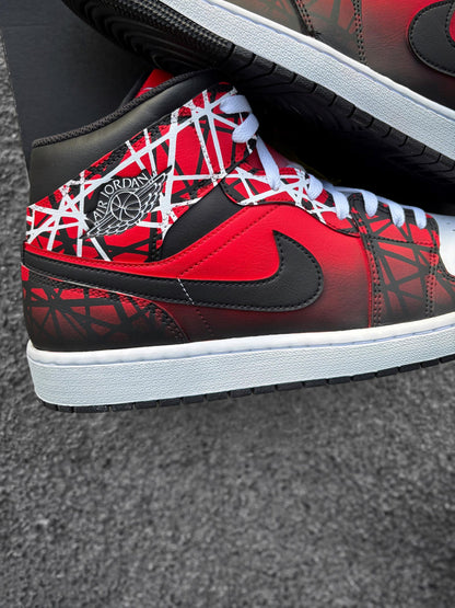 Custom Nike Air Jordan 1 Mid Red Black White - Hand Painted Sneaker with Line Pattern - Custom Jordan - Airbrush Streetwear Style AJ1