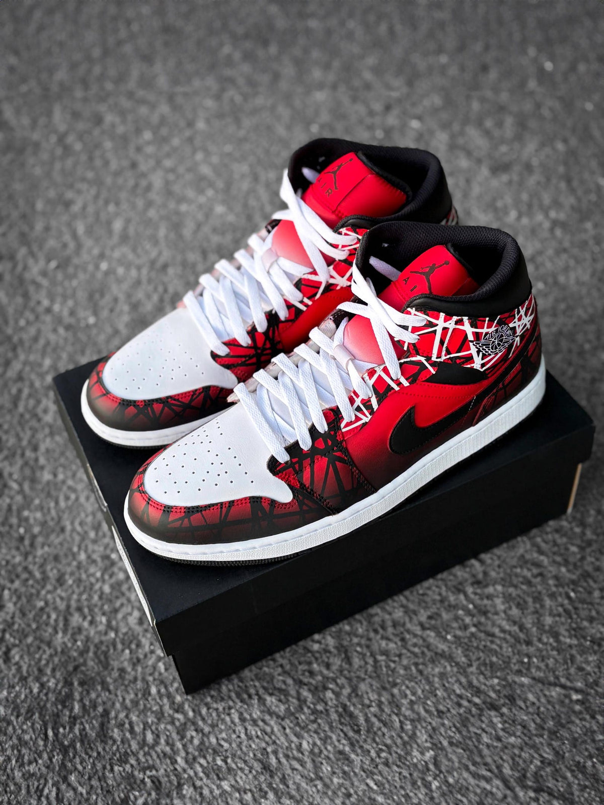 Custom Nike Air Jordan 1 Mid Red Black White - Hand Painted Sneaker with Line Pattern - Custom Jordan - Airbrush Streetwear Style AJ1