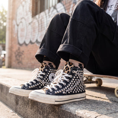 Black Studded Leopard Converse Chuck 70 High Tops, Custom Punk Canvas Sneakers, Rock Style Gift with Chain