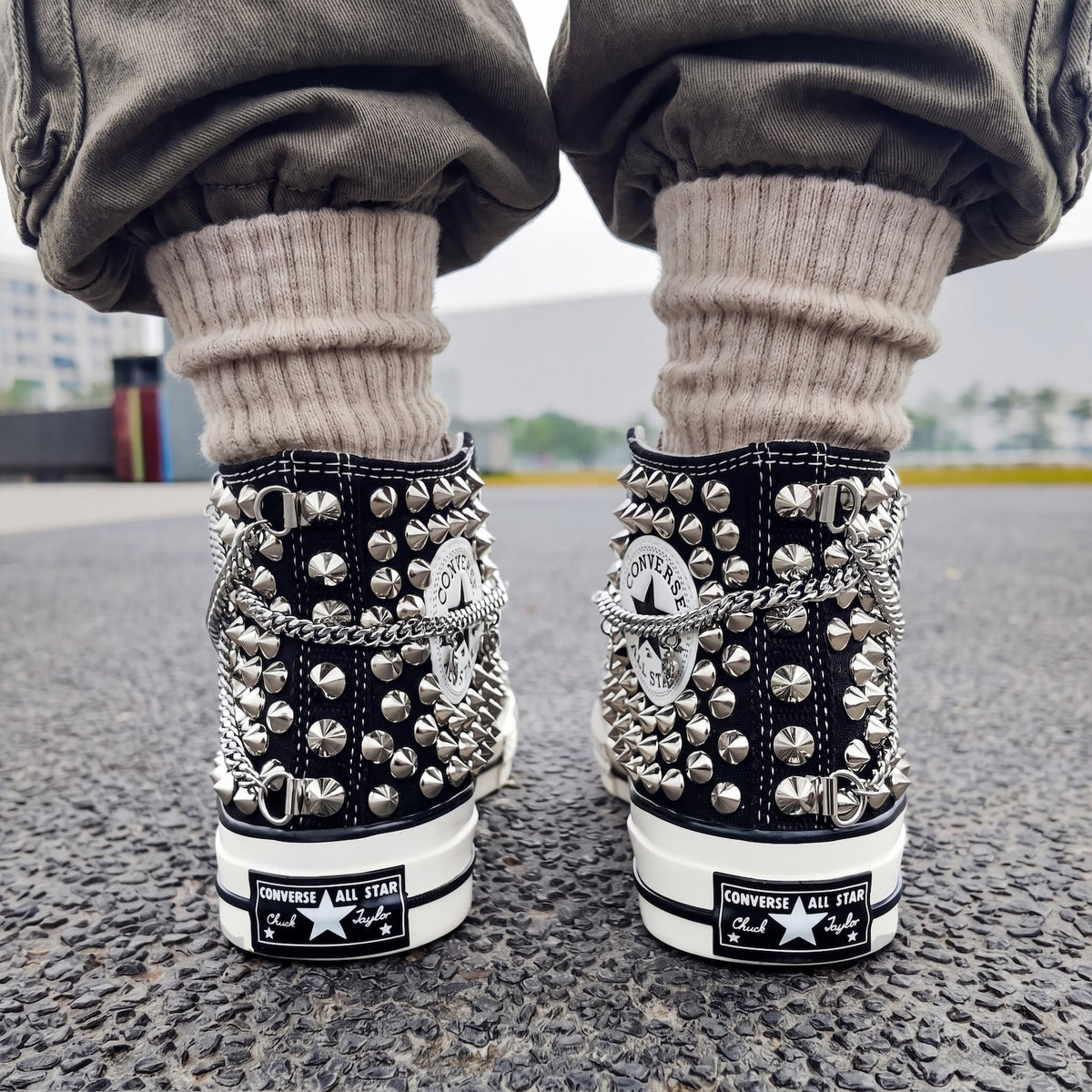 Black Studded Leopard Converse Chuck 70 High Tops, Custom Punk Canvas Sneakers, Rock Style Gift with Chain
