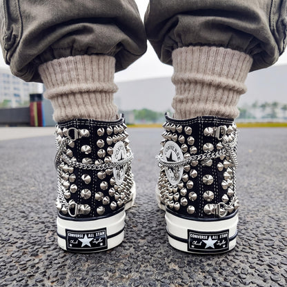 Black Studded Leopard Converse Chuck 70 High Tops, Custom Punk Canvas Sneakers, Rock Style Gift with Chain