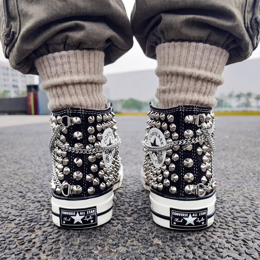 Black Studded Leopard Converse Chuck 70 High Tops, Custom Punk Canvas Sneakers, Rock Style Gift with Chain