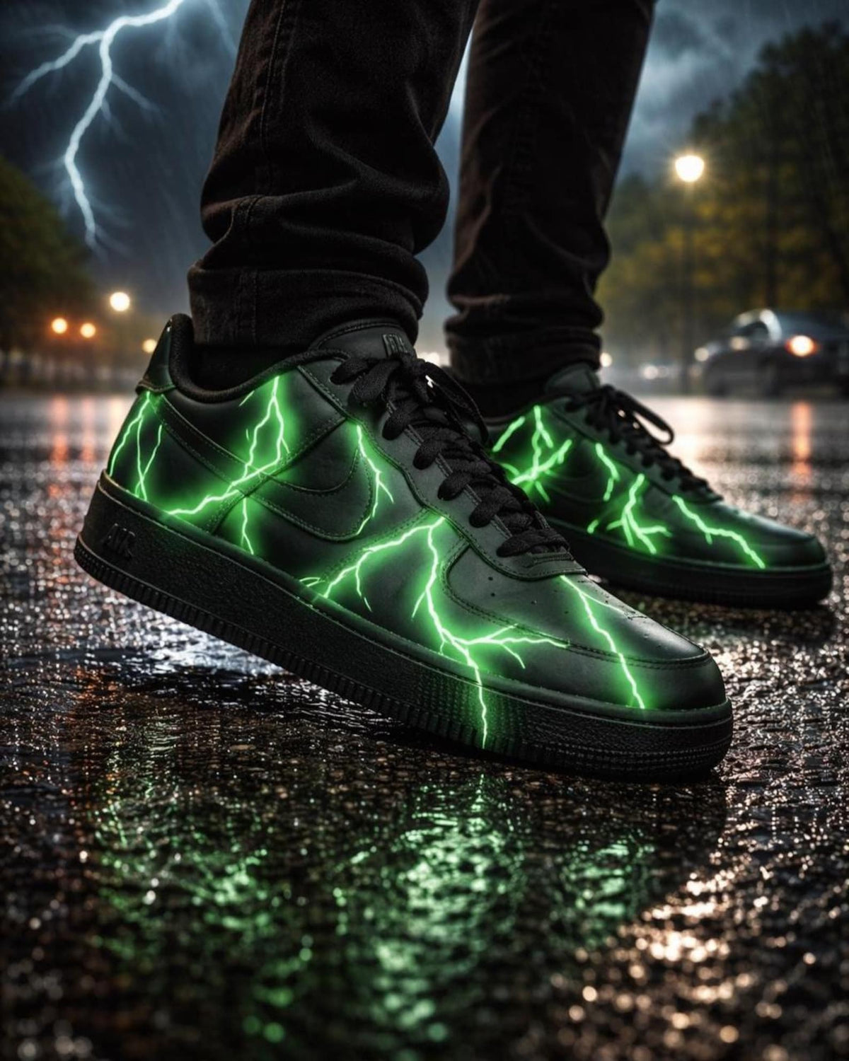 Custom Air Force 1 Green Lightning Sneakers | Hand Painted Electric Neon Shoes | Glow Effect AF1 | Bold Streetwear Custom Kicks