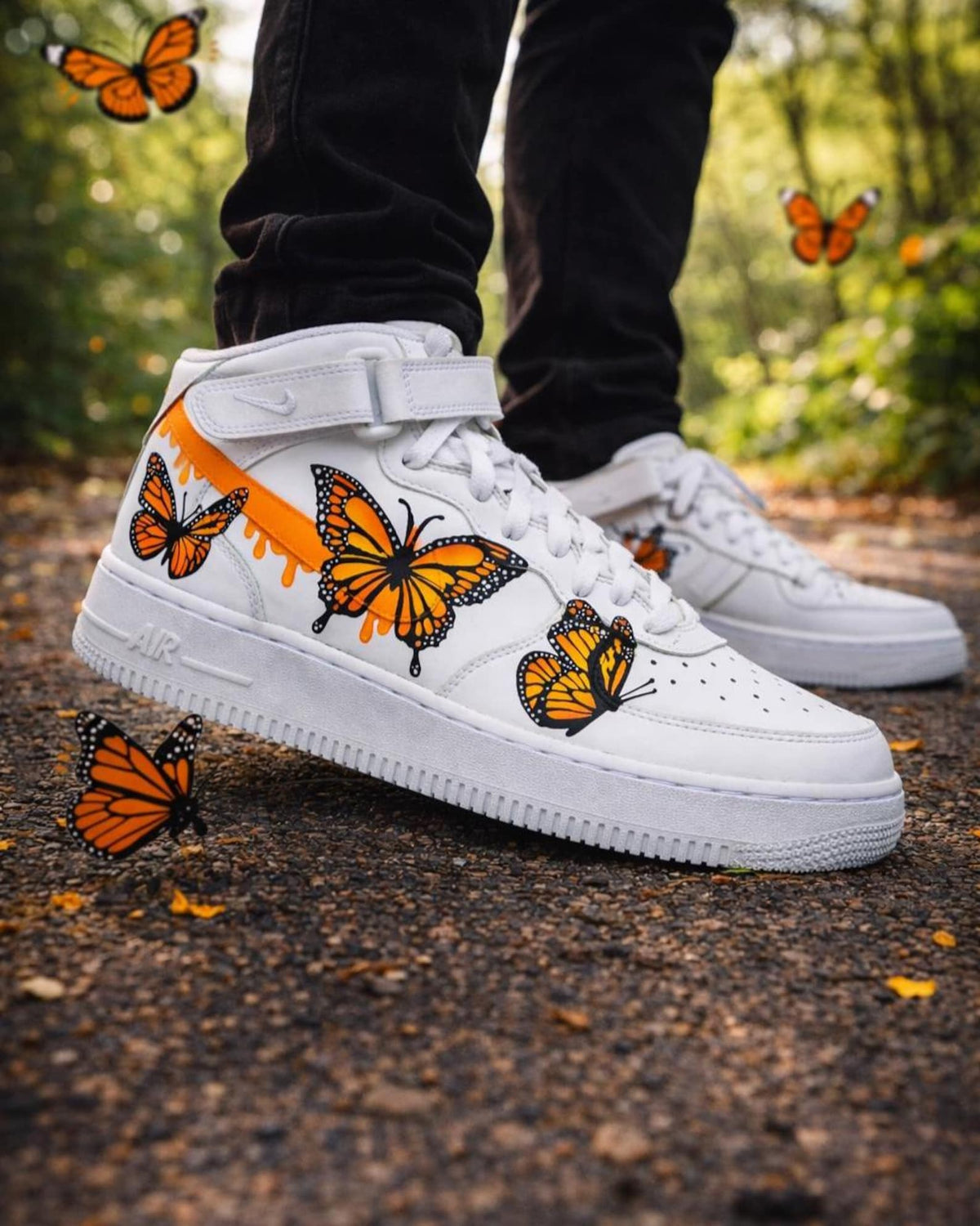 Custom Air Force 1 Butterfly Sneakers | Hand Painted Orange Monarch Shoes | Drip Effect AF1 | Cute Aesthetic Streetwear Kicks