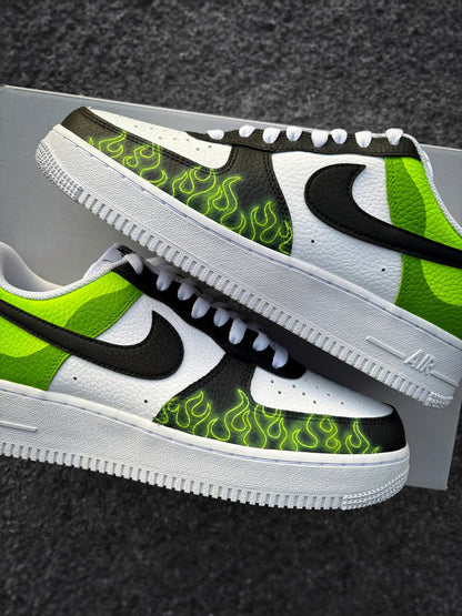 Nike Air Force 1 Black Green Flames - Custom Sneaker with Neon Green Flames - Hand-Painted Shoes - Cartoon Villain Inspired - Green AF1
