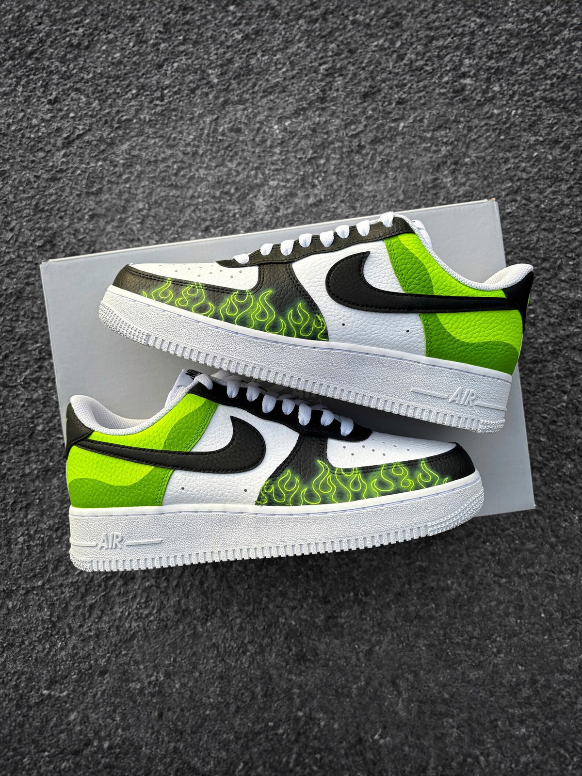 Nike Air Force 1 Black Green Flames - Custom Sneaker with Neon Green Flames - Hand-Painted Shoes - Cartoon Villain Inspired - Green AF1