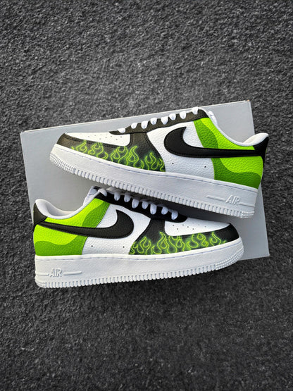 Nike Air Force 1 Black Green Flames - Custom Sneaker with Neon Green Flames - Hand-Painted Shoes - Cartoon Villain Inspired - Green AF1