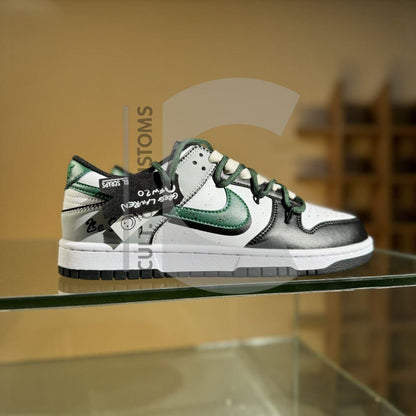 Custom Dunk low Black and Green Handpainted Be Strong message with custom extra rope laces for streetwear lovers