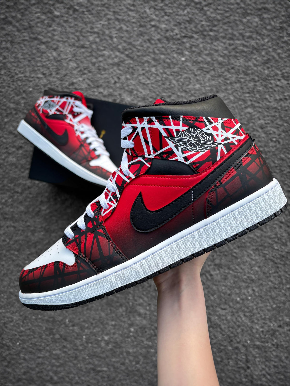 Custom Nike Air Jordan 1 Mid Red Black White - Hand Painted Sneaker with Line Pattern - Custom Jordan - Airbrush Streetwear Style AJ1