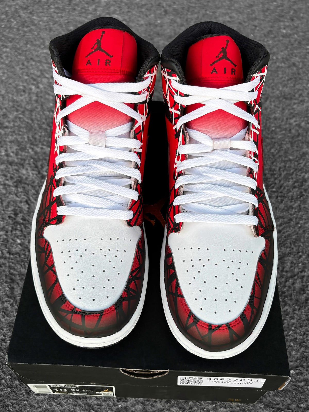 Custom Nike Air Jordan 1 Mid Red Black White - Hand Painted Sneaker with Line Pattern - Custom Jordan - Airbrush Streetwear Style AJ1