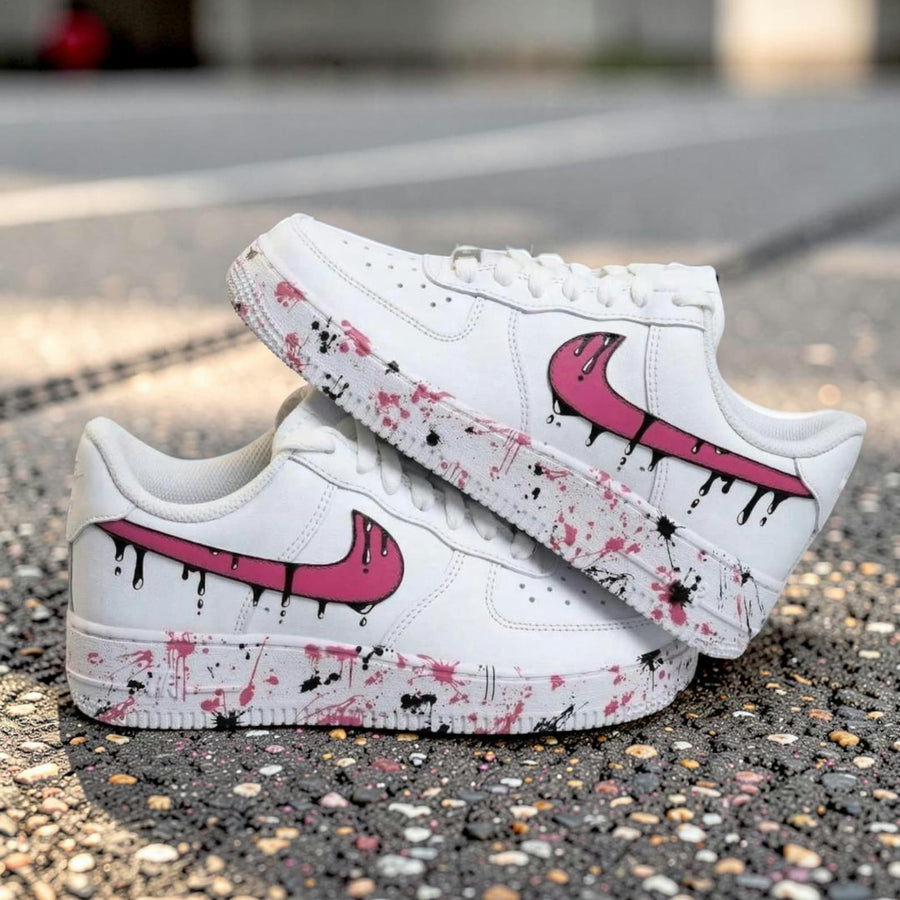 Pink Drip Splatter Custom Air Force 1 Sneakers – Hand Painted Streetwear AF1 Shoes