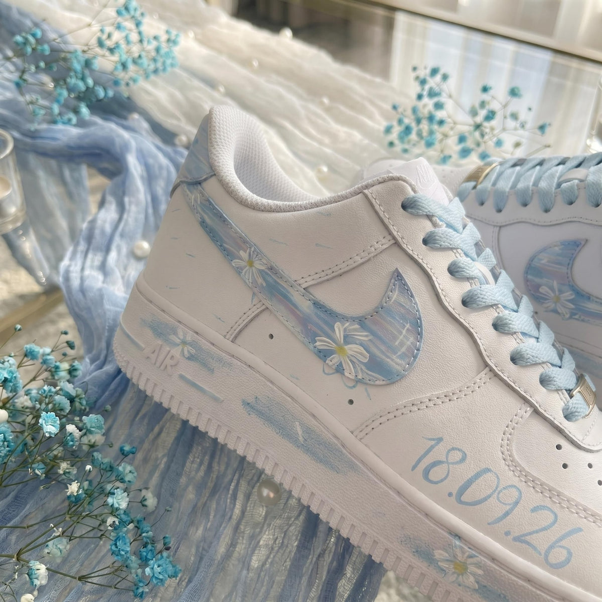 Wedding Sneakers for Bride | Bridal Light Blue Hand-Painted Custom Shoes, Personalized Name & Wedding Date