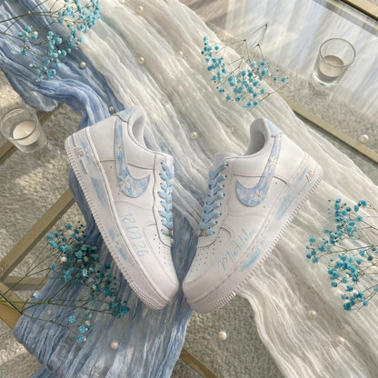 Wedding Sneakers for Bride | Bridal Light Blue Hand-Painted Custom Shoes, Personalized Name & Wedding Date
