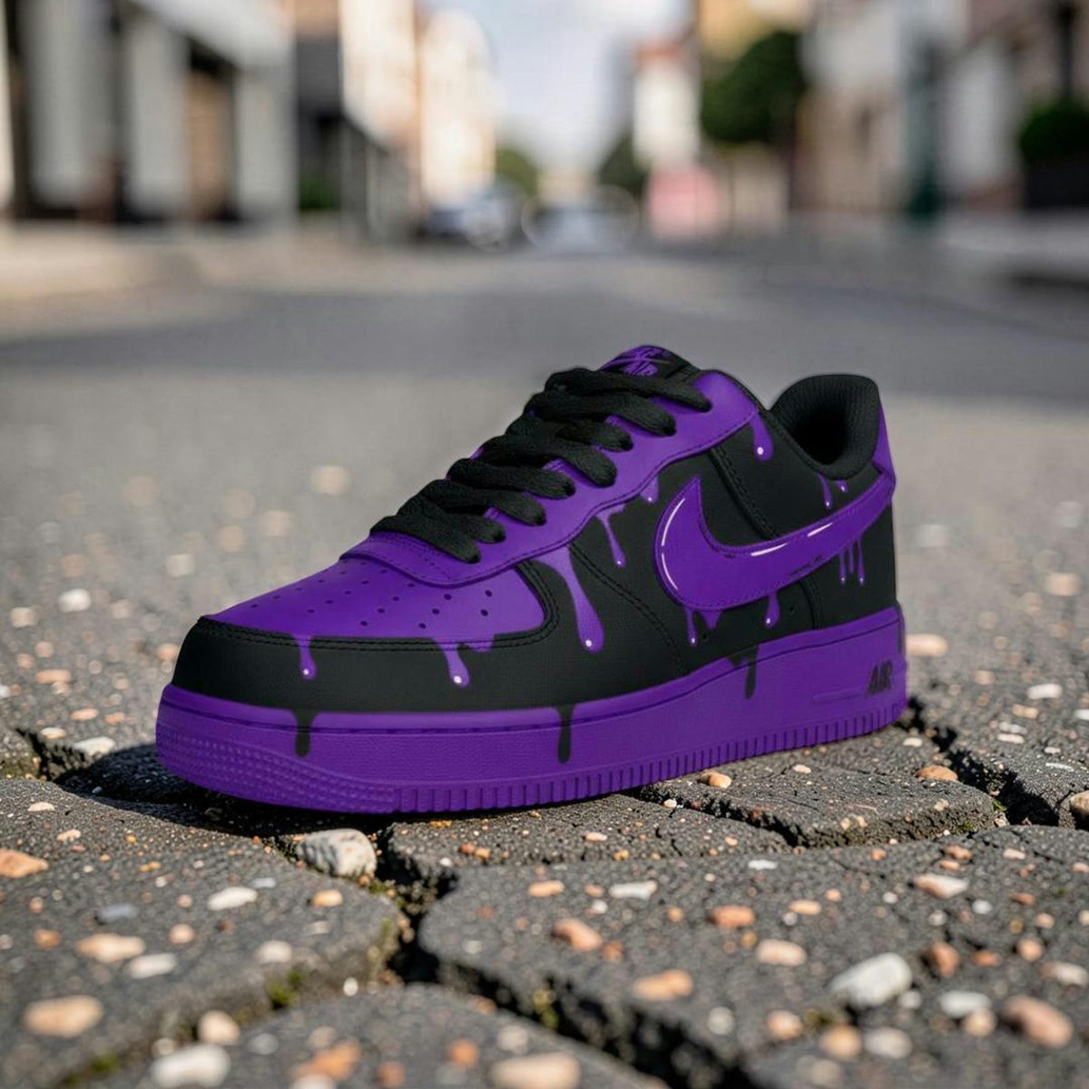 Custom Black Purple Drip Air Force 1 Sneakers, Hand Painted Shoes
