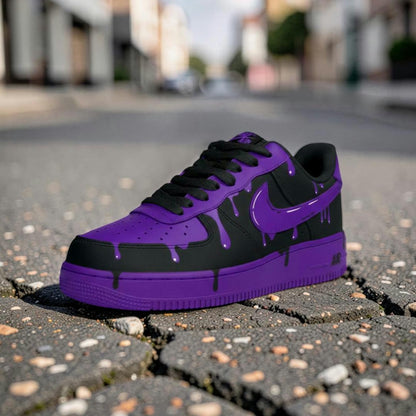 Custom Black Purple Drip Air Force 1 Sneakers, Hand Painted Shoes