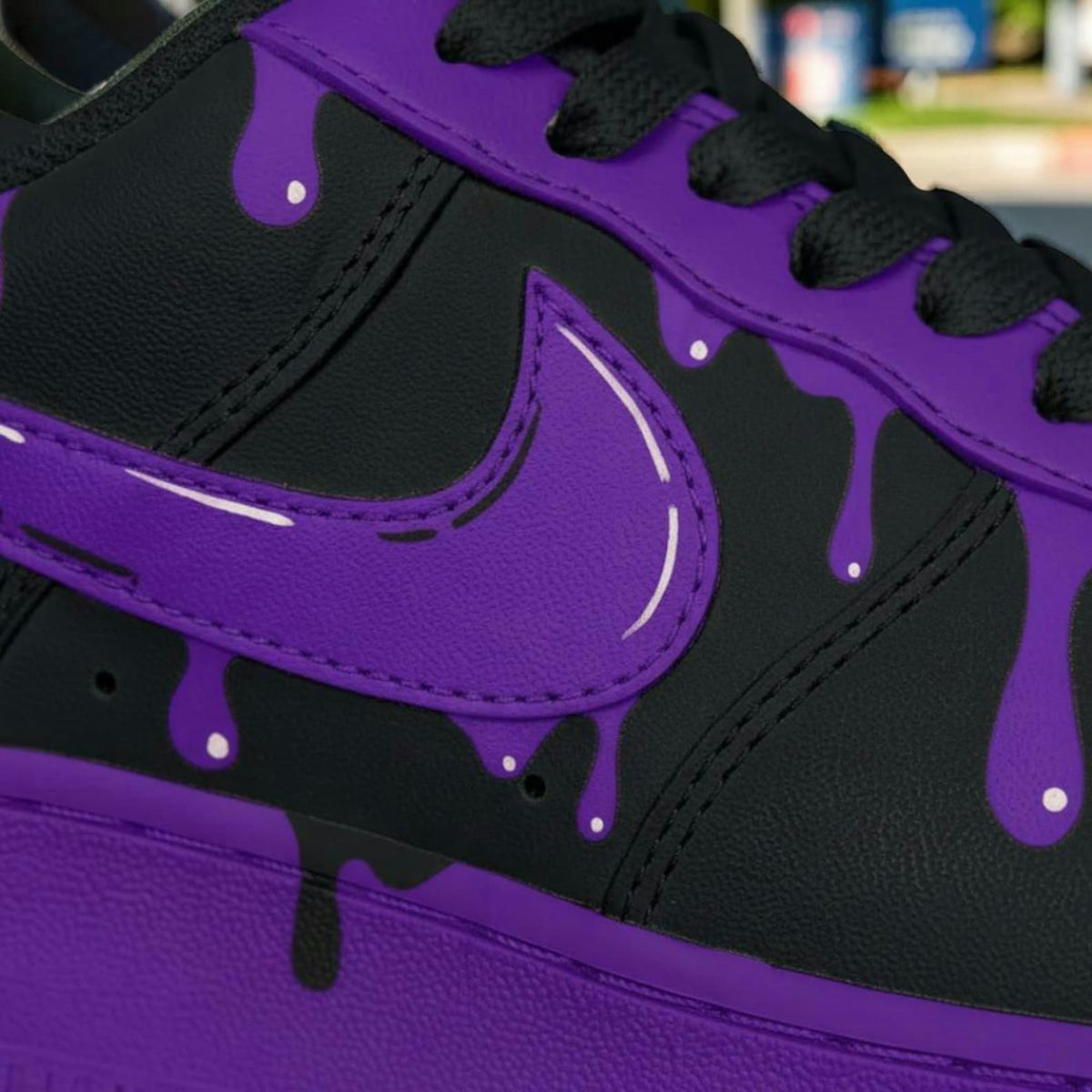 Custom Black Purple Drip Air Force 1 Sneakers, Hand Painted Shoes