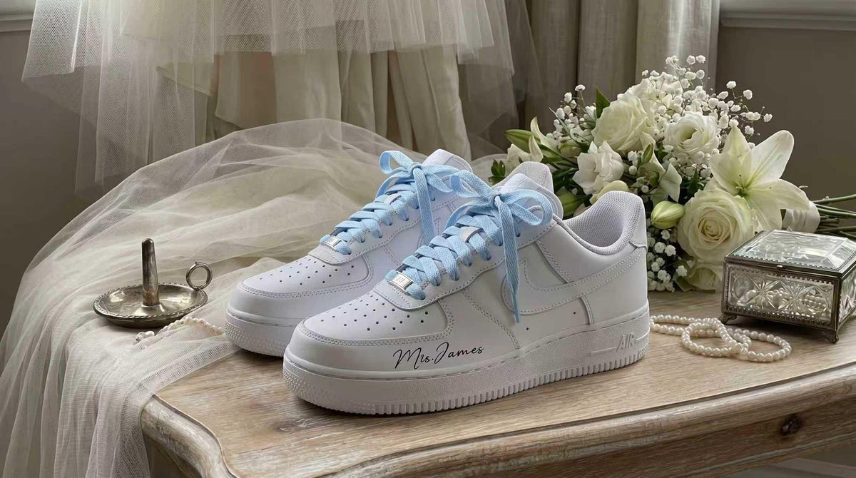 Wedding Sneakers for Bride | Bridal Light Blue Hand-Painted Custom Shoes, Personalized Name & Wedding Date