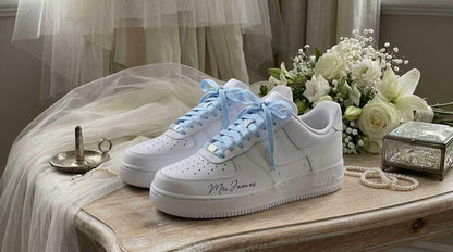 Wedding Sneakers for Bride | Bridal Light Blue Hand-Painted Custom Shoes, Personalized Name & Wedding Date
