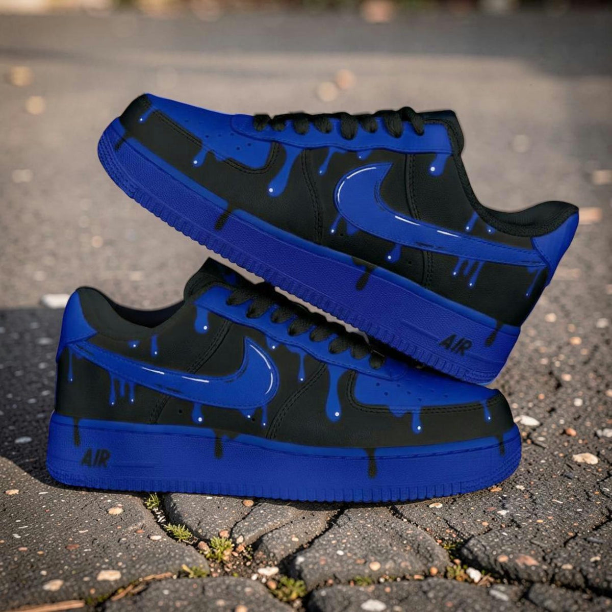 Custom Black Blue Drip Air Force 1 Sneakers, Hand Painted AF1 Shoes