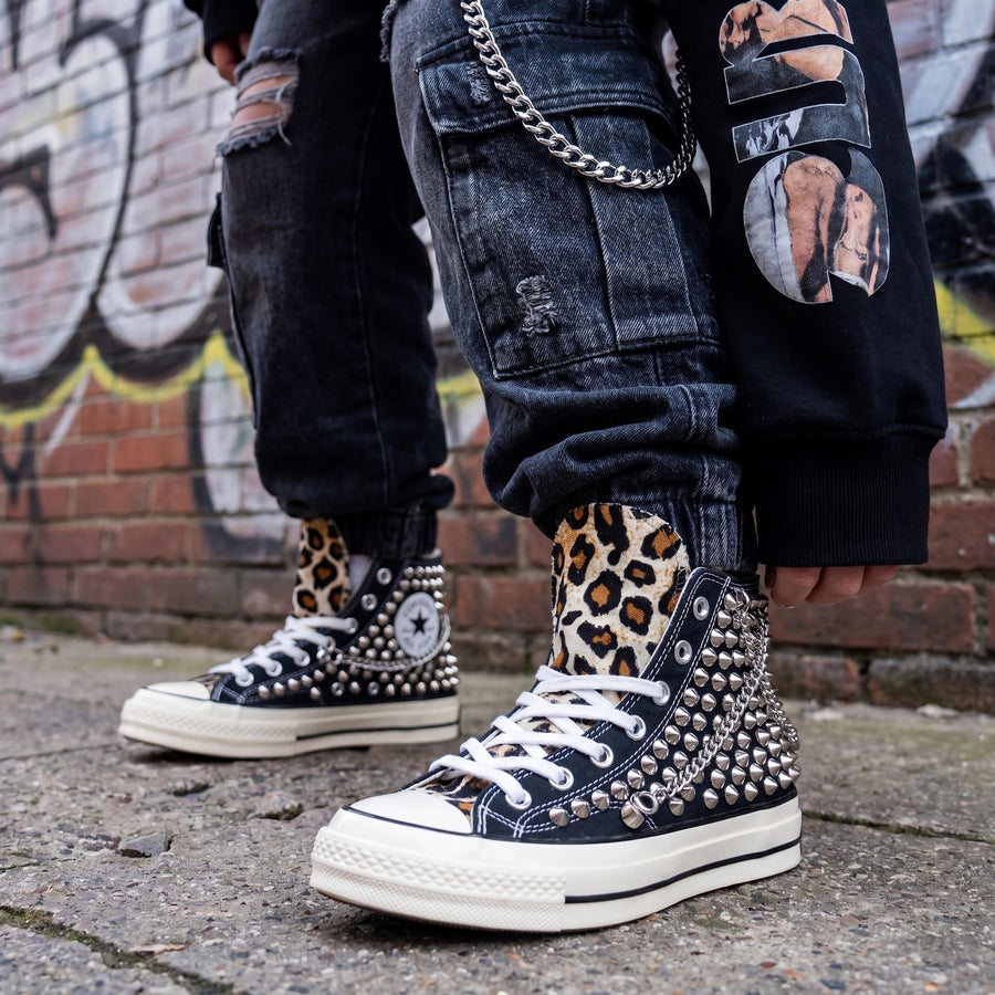 Black Studded Leopard Converse Chuck 70 High Tops, Custom Punk Canvas Sneakers, Rock Style Gift with Chain