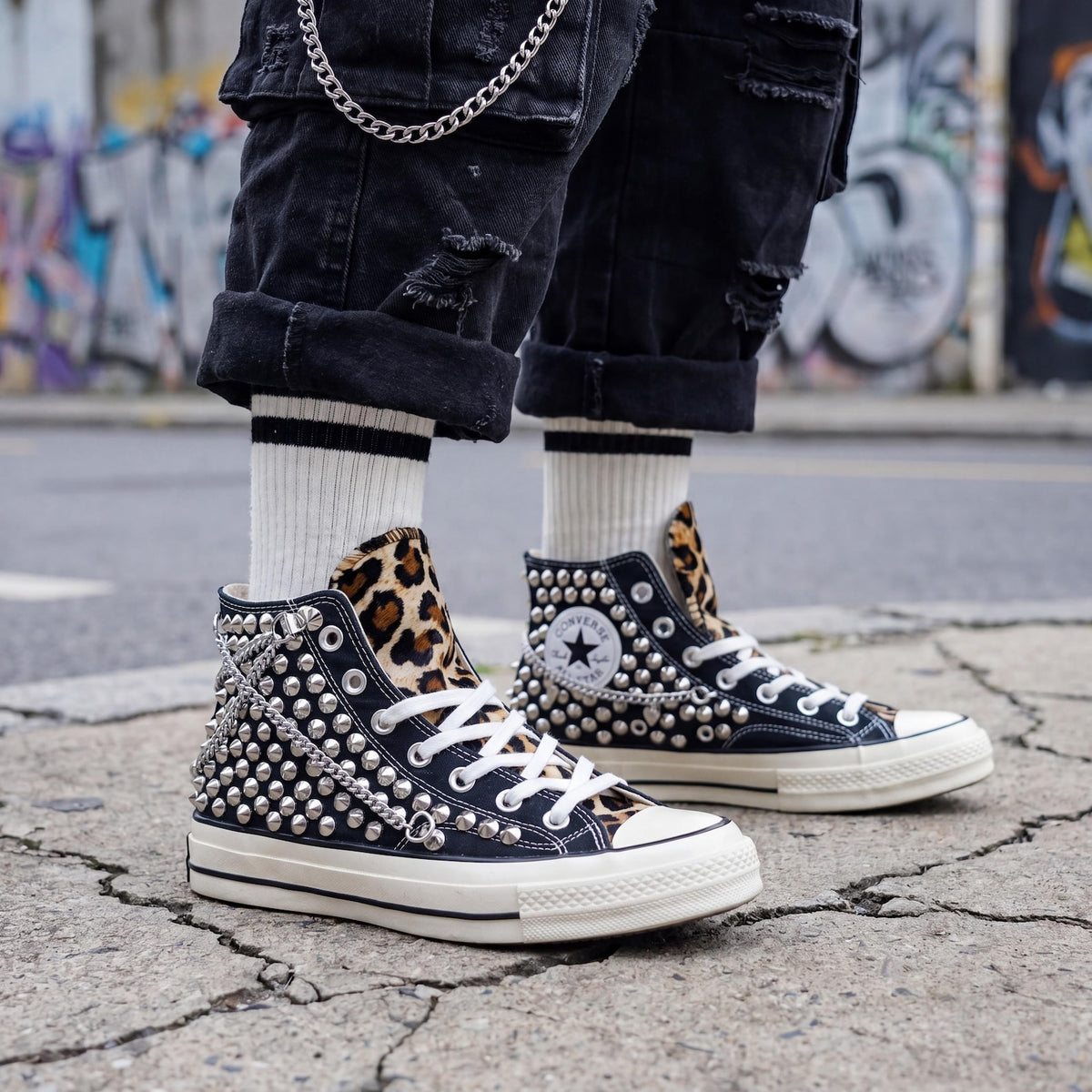 Black Studded Leopard Converse Chuck 70 High Tops, Custom Punk Canvas Sneakers, Rock Style Gift with Chain