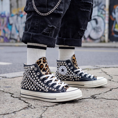 Black Studded Leopard Converse Chuck 70 High Tops, Custom Punk Canvas Sneakers, Rock Style Gift with Chain