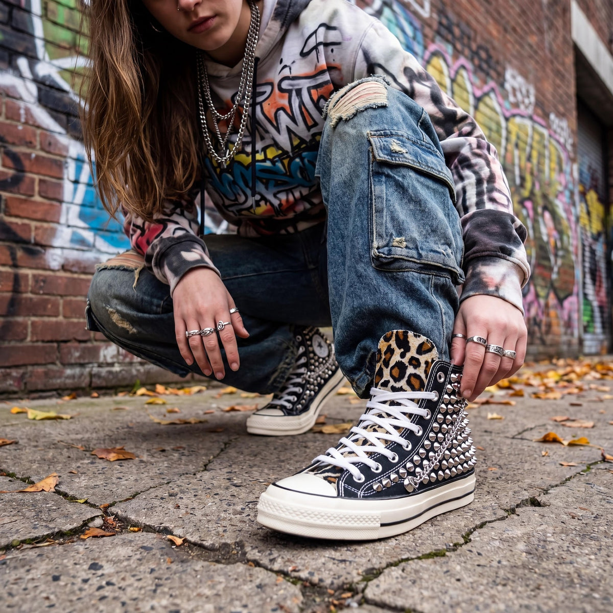 Black Studded Leopard Converse Chuck 70 High Tops, Custom Punk Canvas Sneakers, Rock Style Gift with Chain