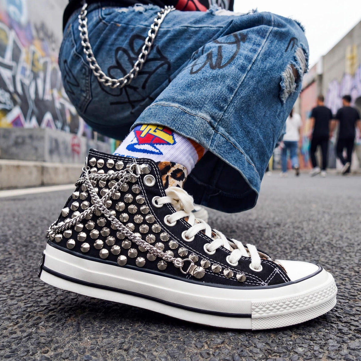 Black Studded Leopard Converse Chuck 70 High Tops, Custom Punk Canvas Sneakers, Rock Style Gift with Chain