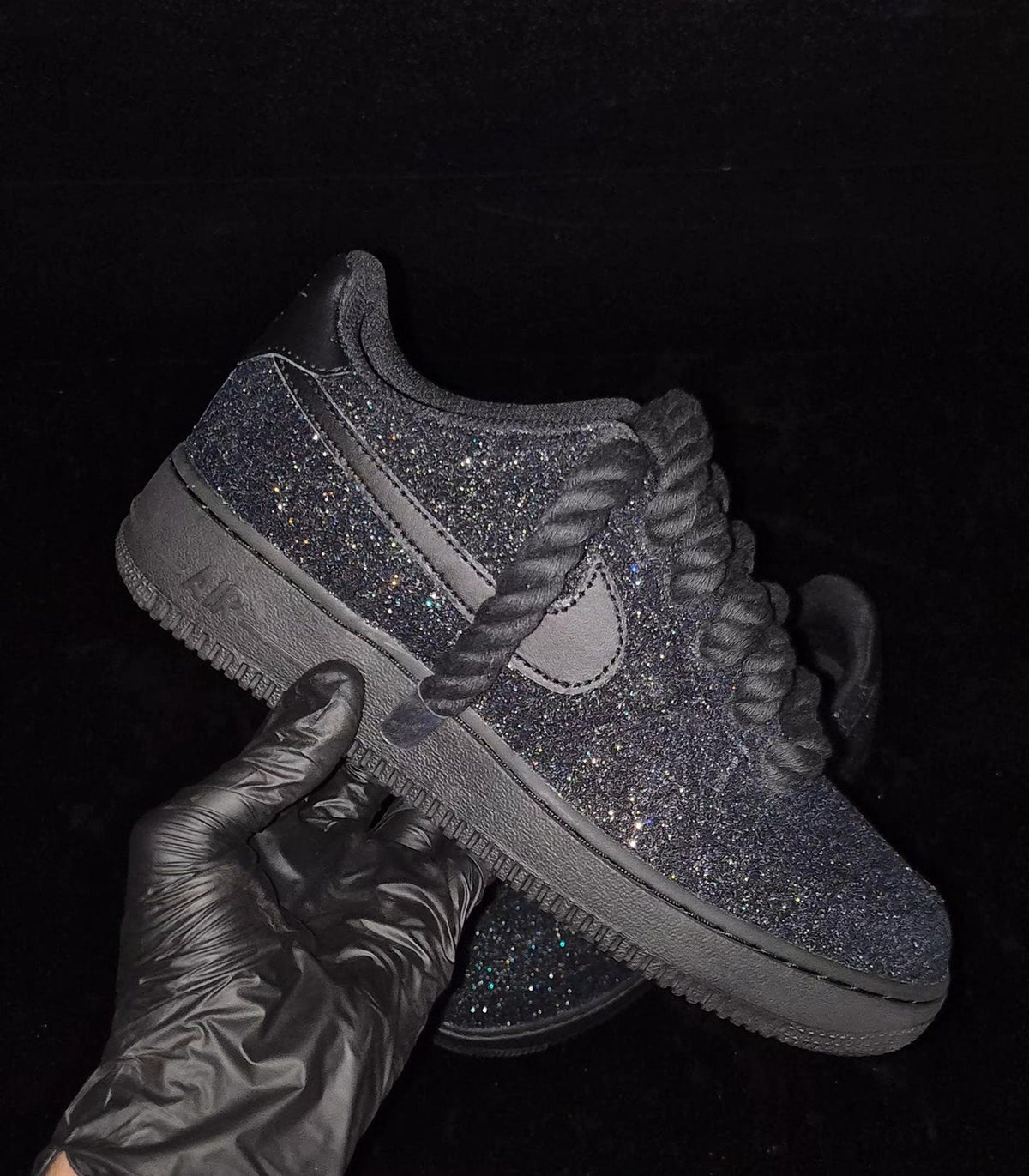 Custom Black Glitter Air Force 1, Custom Rope Laced Air Force 1, Custom Air Force 1, Custom Bling Air Force 1, All Sizes Available