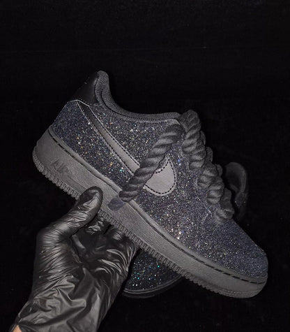 Custom Black Glitter Air Force 1, Custom Rope Laced Air Force 1, Custom Air Force 1, Custom Bling Air Force 1, All Sizes Available