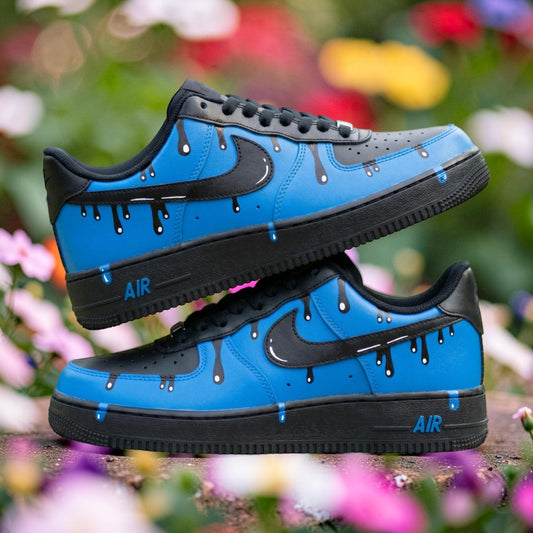 Custom Black Blue Drip Air Force 1 Sneakers, Hand Painted AF1 Shoes