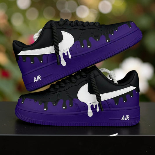 Custom Purple Drip Air Force 1 Sneakers, Hand Painted Black Shoes