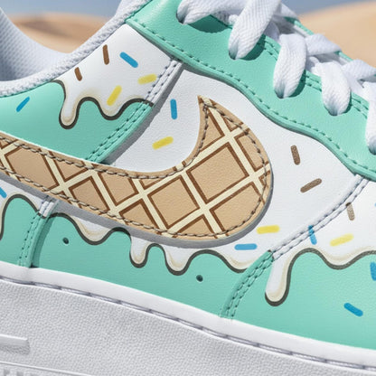 Custom Hand Painted Mint Ice Cream Air Force 1 Sneakers, Drip Dessert Streetwear AF1s
