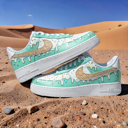 Custom Hand Painted Mint Ice Cream Air Force 1 Sneakers, Drip Dessert Streetwear AF1s
