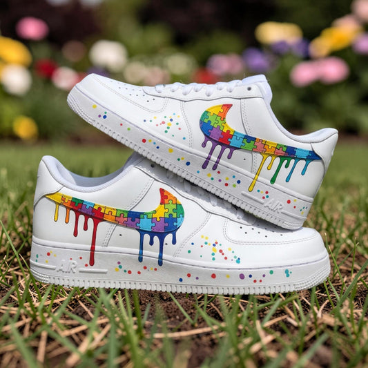Custom Autism Awareness Air Force 1 Sneakers, Rainbow Puzzle Drip Shoes, Hand Painted AF1