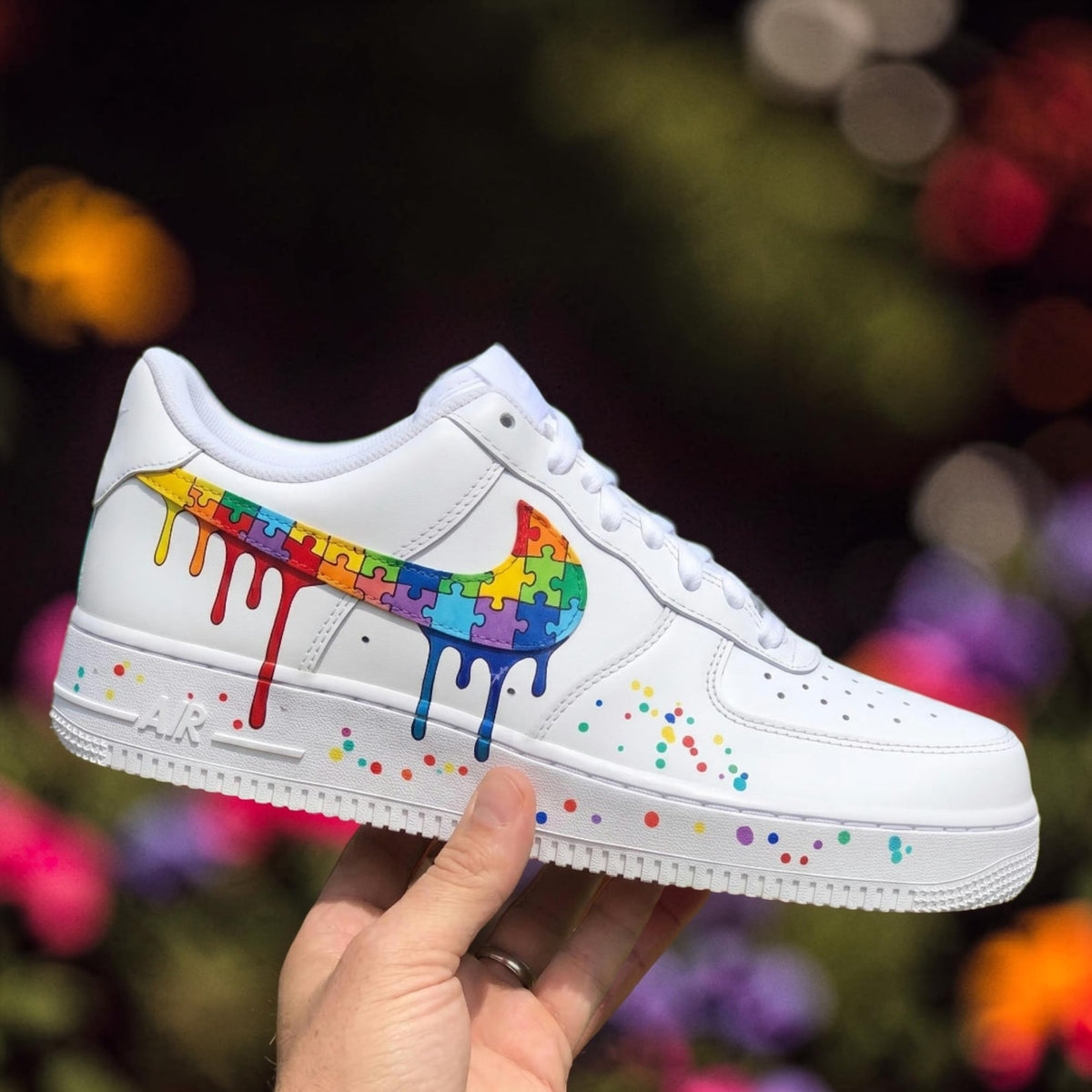 Custom Autism Awareness Air Force 1 Sneakers, Rainbow Puzzle Drip Shoes, Hand Painted AF1