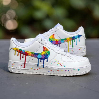 Custom Autism Awareness Air Force 1 Sneakers, Rainbow Puzzle Drip Shoes, Hand Painted AF1