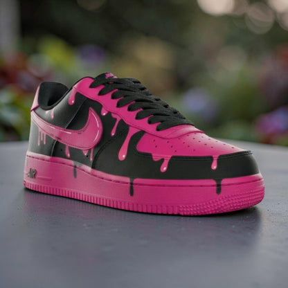 Custom Air Force 1 Pink Drip Sneakers, AF1 Black and Pink Melt Shoes, Hand Painted Streetwear Sneaker Gift for Women