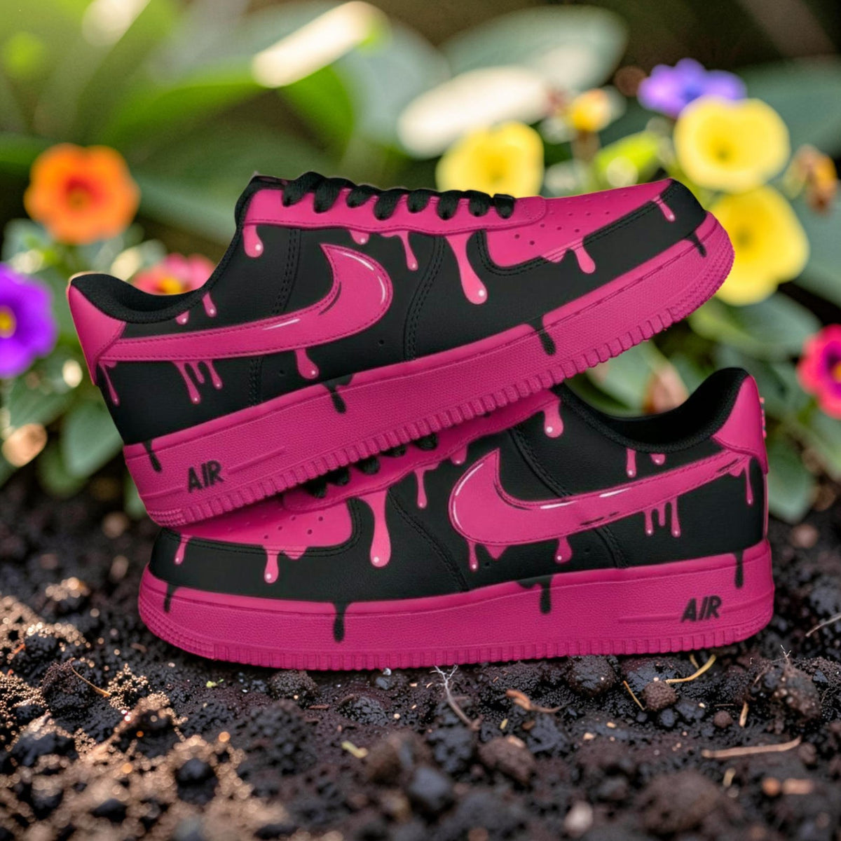 Custom Air Force 1 Pink Drip Sneakers, AF1 Black and Pink Melt Shoes, Hand Painted Streetwear Sneaker Gift for Women