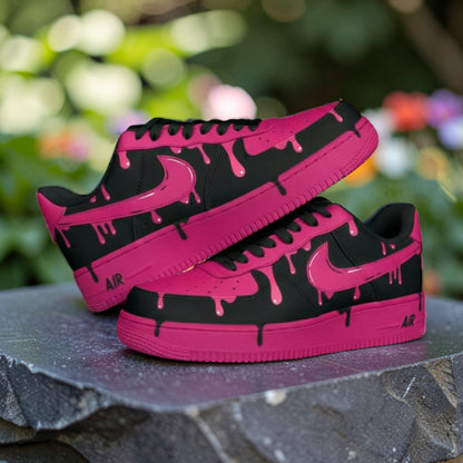 Custom Air Force 1 Pink Drip Sneakers, AF1 Black and Pink Melt Shoes, Hand Painted Streetwear Sneaker Gift for Women